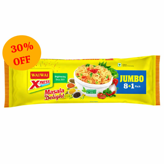Wai Wai Xpress Masala Delight noodle pack with promotional text on a white background