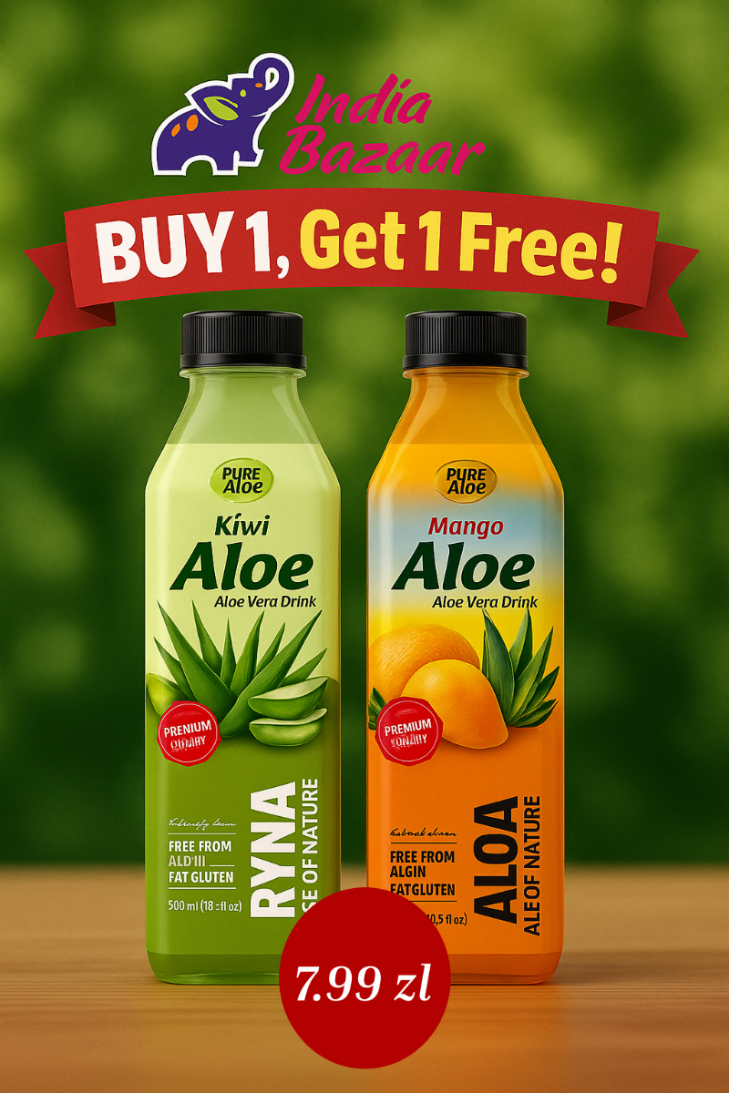 Two bottles of Ryna Kiwi Aloe and Pure Aloe Mango Aloe on a wooden surface with a green blurred background.