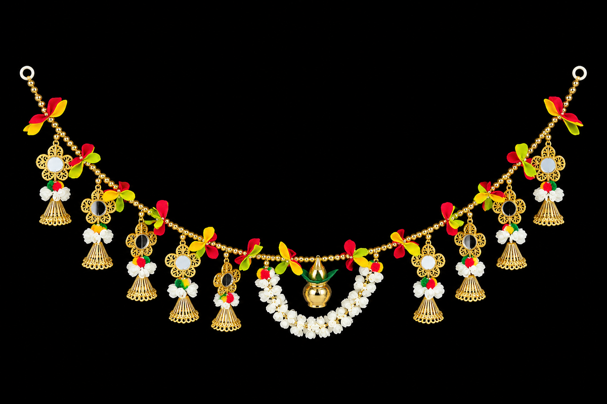 Golden Kalash Toran with White Flowers and Mirror Decoration