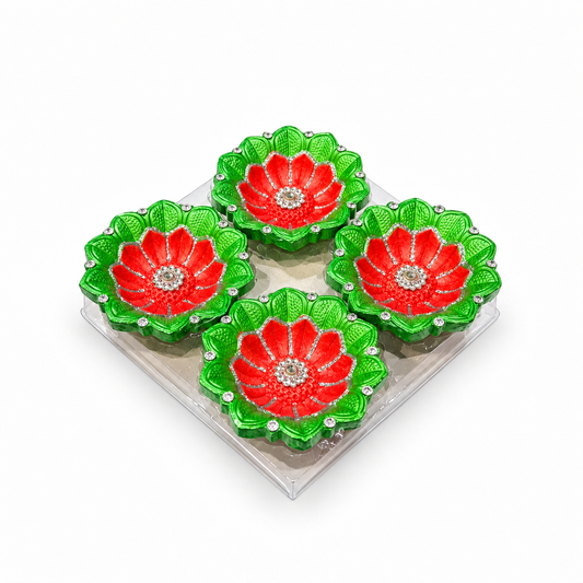 Diwali Diyas – Set of 4 (Green and Red with Silver Decorations – Lotus Motif)