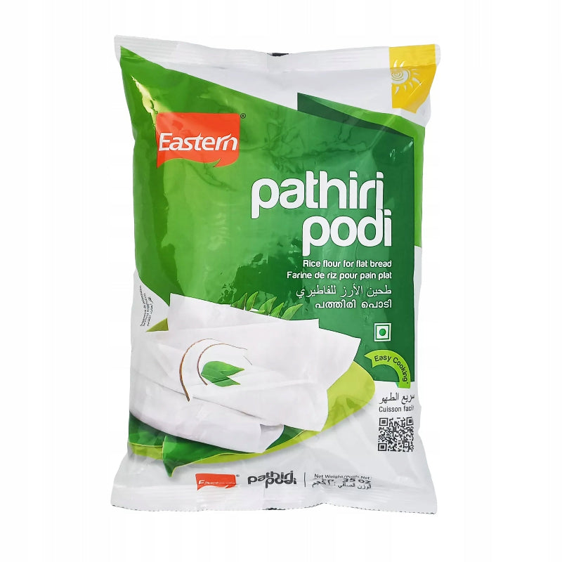 Green package of Eastern Pathiri Pudi rice flour on a white background