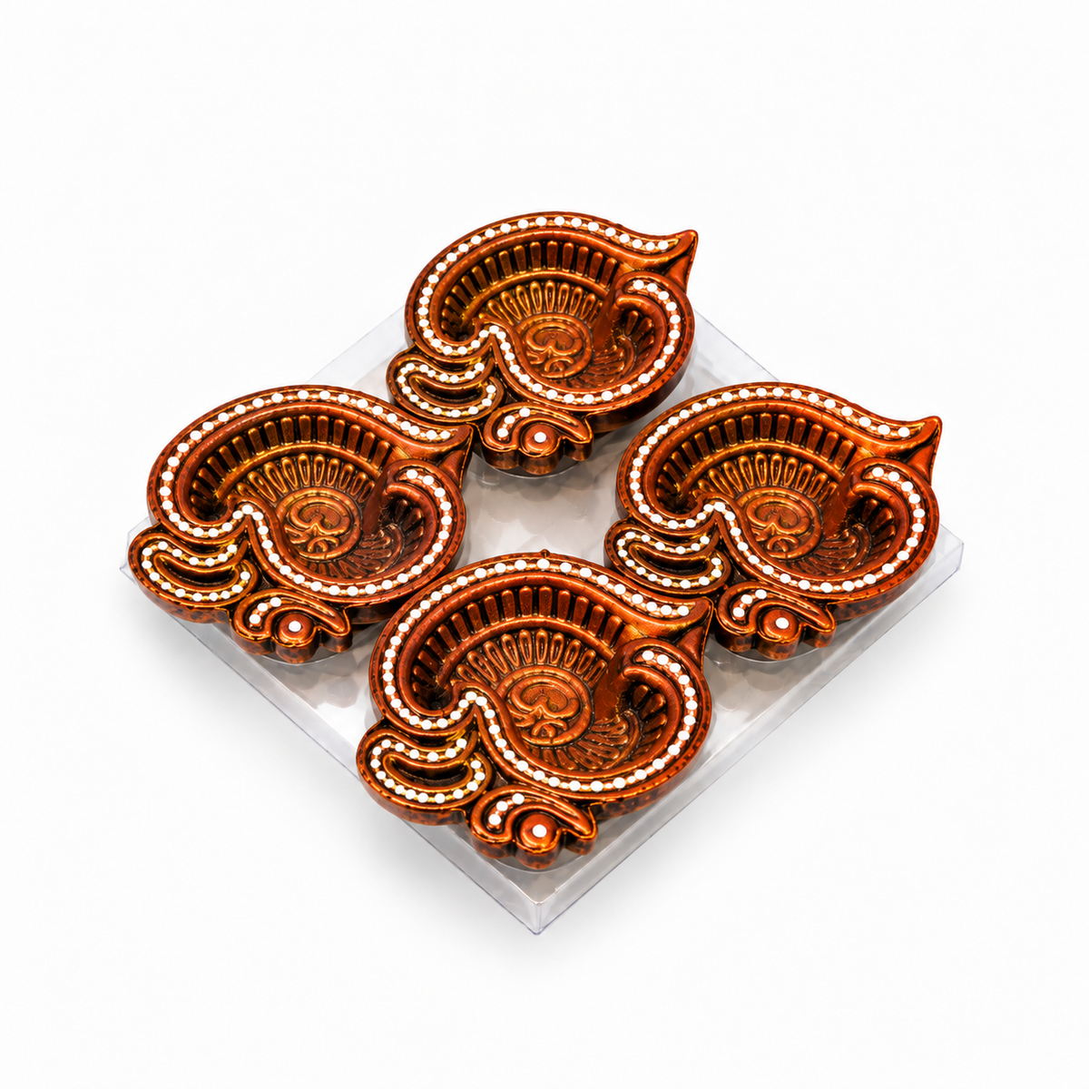 Diwali Diyas – Set of 4 (Brown and Copper with Gold Decorations – Traditional Indian Design)