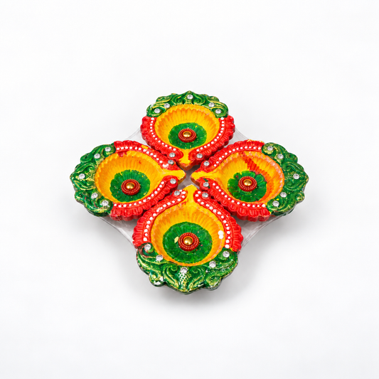 Diwali Diyas – Set of 4 (Red, Green and Yellow with Gold and Silver Decorations)