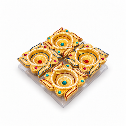 Diwali Diyas – Set of 4 (Gold with Colourful Decorations)