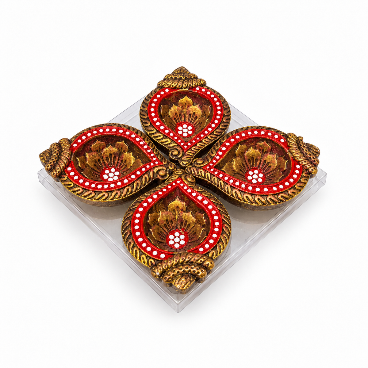 Diwali Diyas – Set of 4 (Brown with Gold and Red Decorations – Floral Motif)