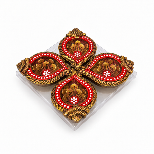 Diwali Diyas – Set of 4 (Brown with Gold and Red Decorations – Floral Motif)