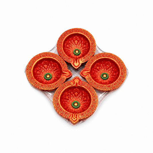 Diwali Diyas - Set Of 4 Pieces (Red And Gold)