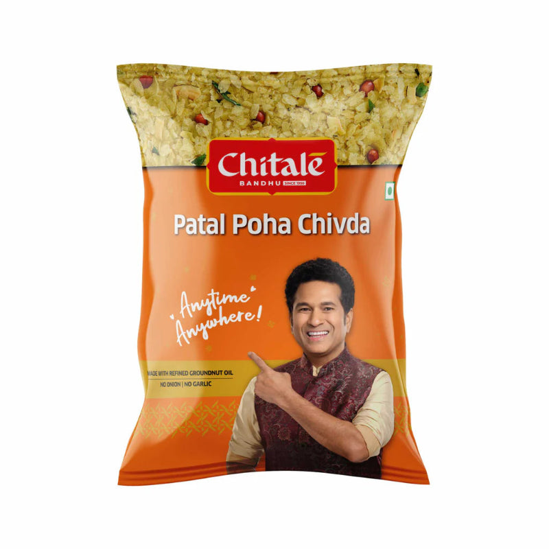 Chitale Patal Poha Chivda packaging with a person pointing at text on a white background