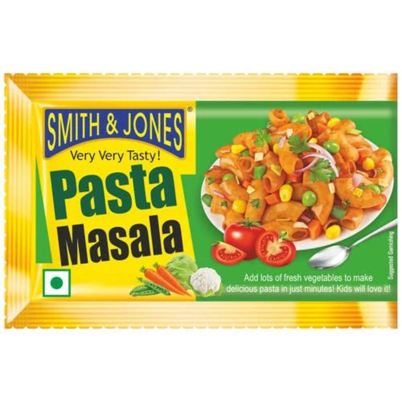 Smith & Jones Pasta Masala packaging with colorful design and text.