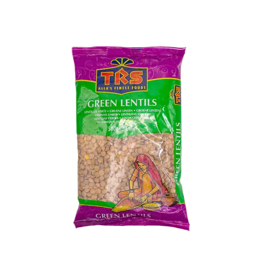 Packaged green lentils with TRS branding on a beige background