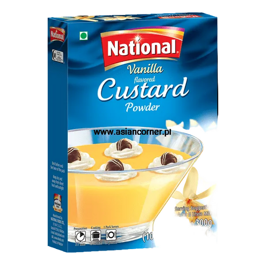Box of National Vanilla Flavored Custard Powder with a dessert image on the packaging.