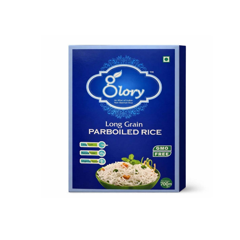 Box of Glory long grain parboiled rice on a white background