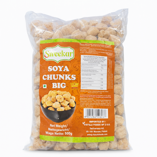 Bag of Sweekar Soya Chunks with visible branding and product details on a white background