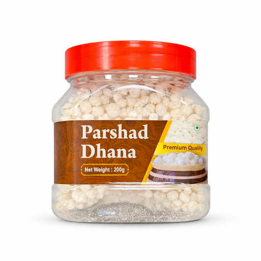 Jar of Parshad Dhana with a red lid on a white background