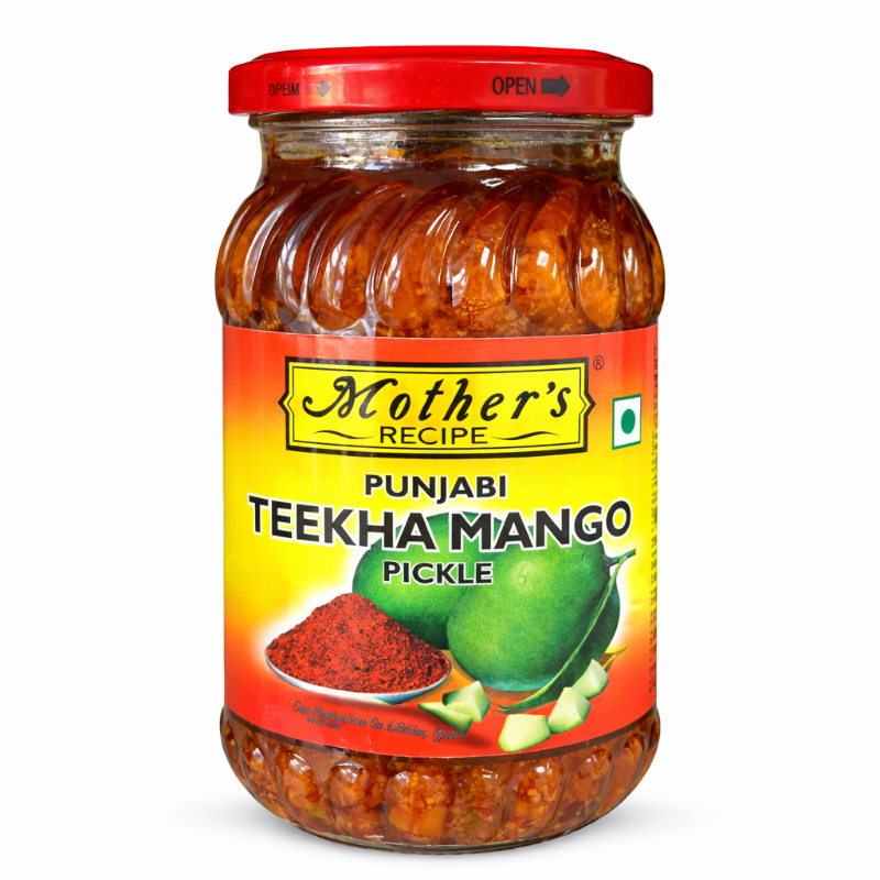 Jar of Punjabi TEEKHA MANGO PICKLE with 'Mother's Recipe' label on a white background