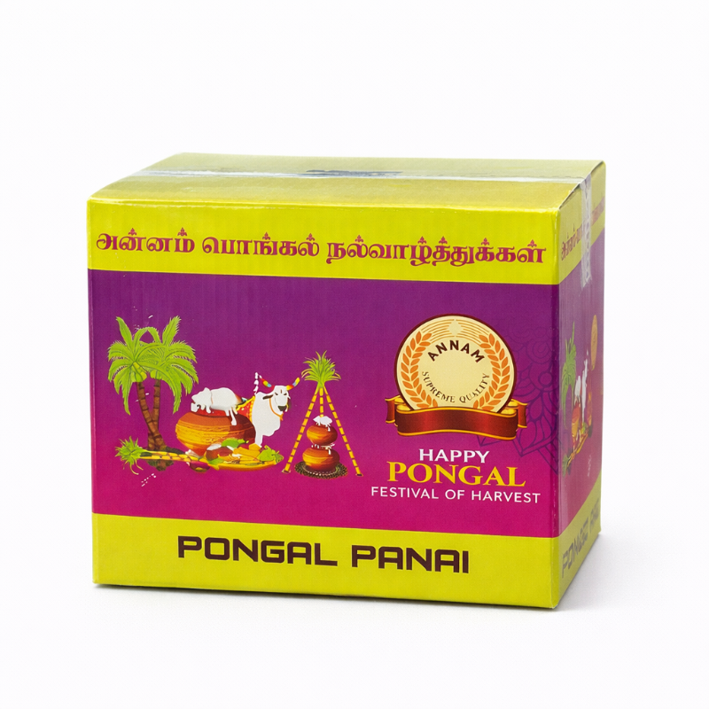 Box of Pongal Panai with colorful design and text on a white background
