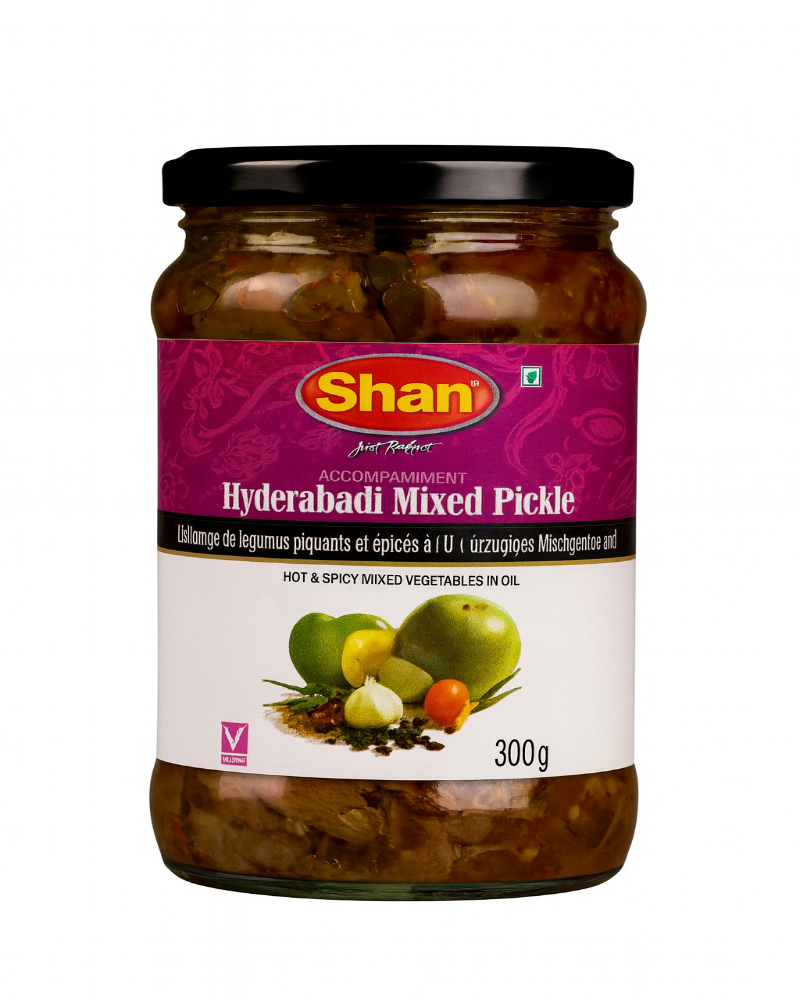 Jar of Shan Hyderabad Mixed Pickle with a purple label on a white background