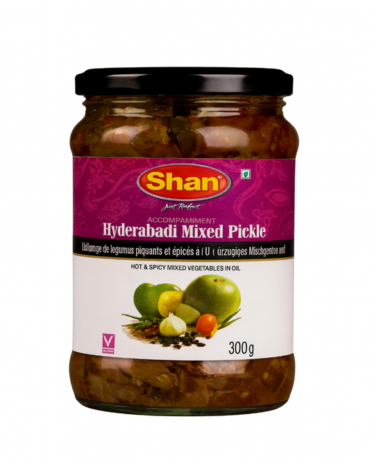 Jar of Shan Hyderabad Mixed Pickle with a purple label on a white background