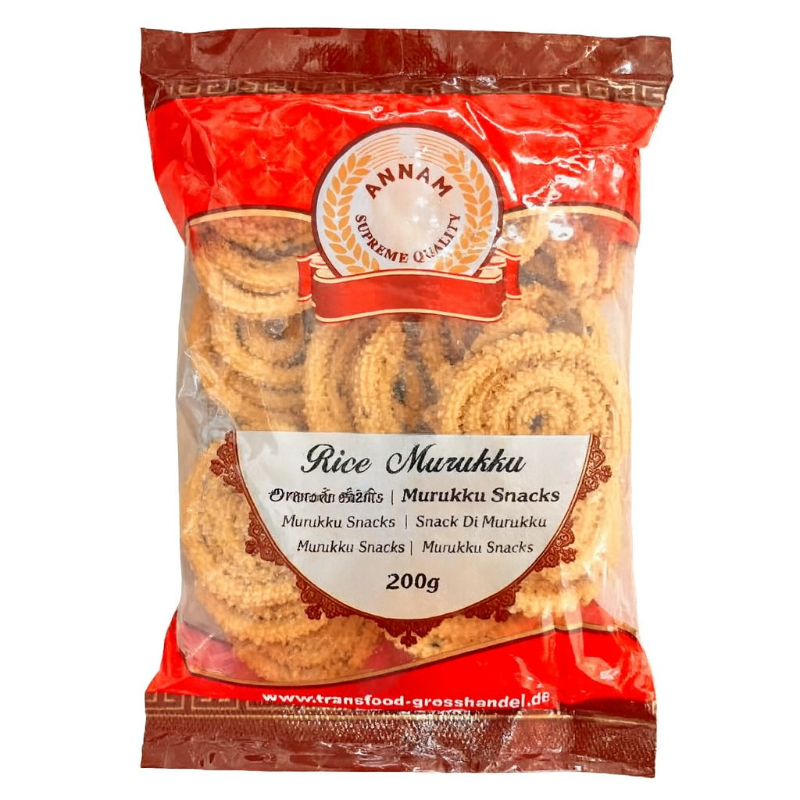 Packaged rice murukku snacks with Annam brand label on a white background