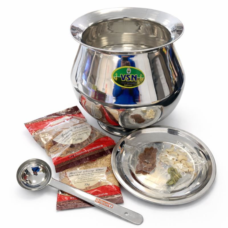 Stainless steel pot with lid, measuring spoon, and packets on a white background