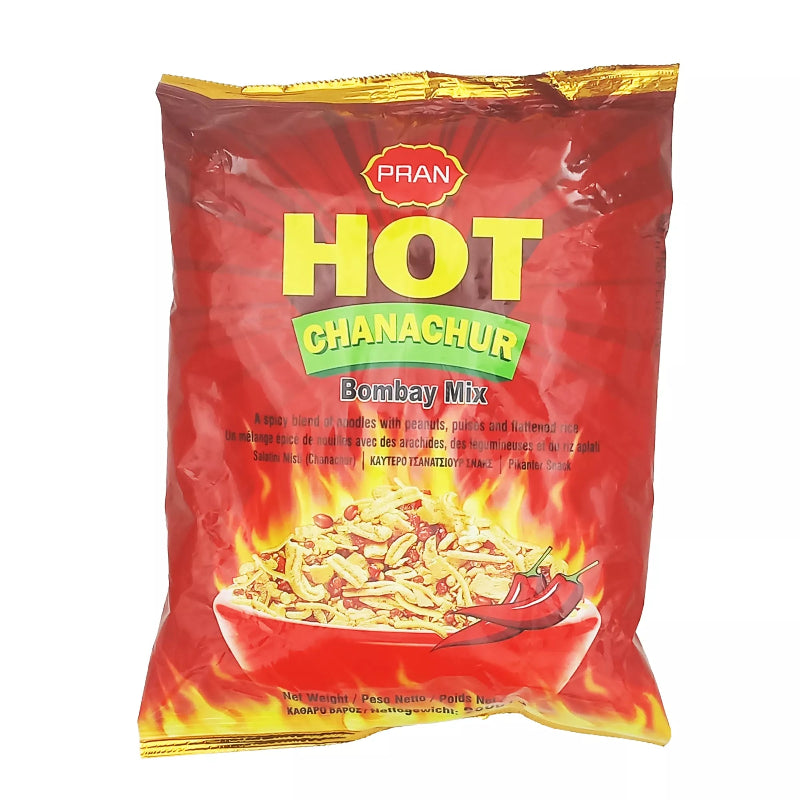 Red package of Pran Hot Chanachur Bombay Mix with yellow text on a white background