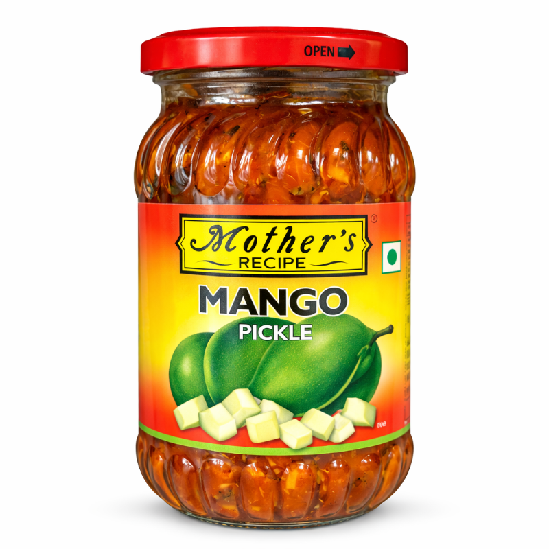 Jar of Mother's Recipe Mango Pickle on a white background