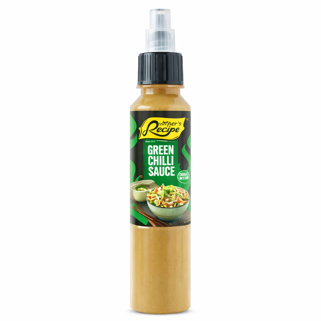 Bottle of Green Chilli Sauce with a label on a white background