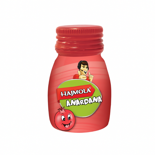 Red jar with a cartoon character and 'Hajmola' branding on a white background