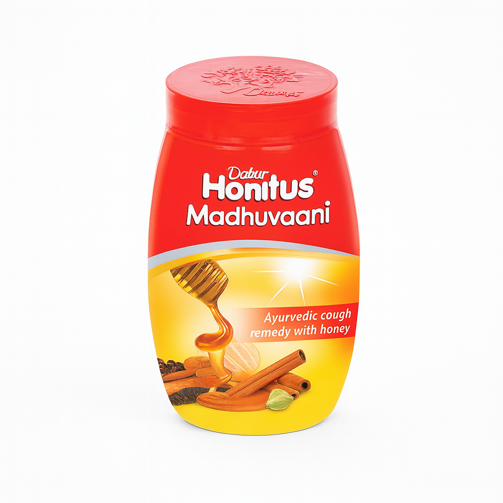 Dabur Honitus Madhuvaani container with red lid and yellow body on a white background
