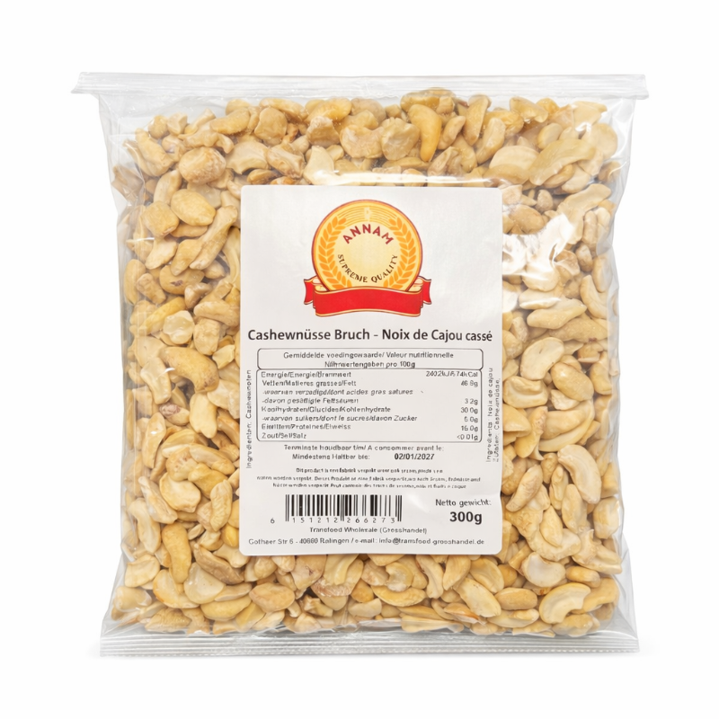 Packaged cashew nuts with a visible brand label on a white background