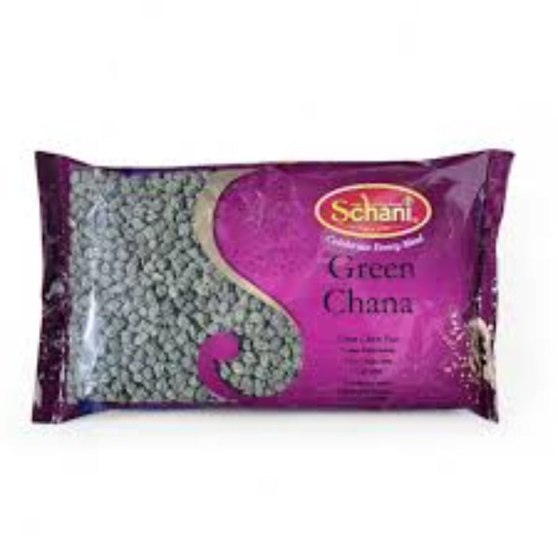 Packaged green chana with a purple and pink label on a white background