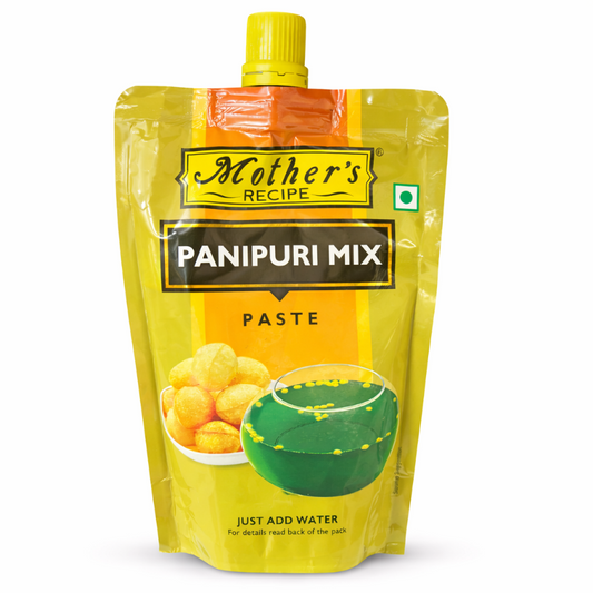 Yellow packaging of Mother's Recipe Panipuri Mix Paste on a white background