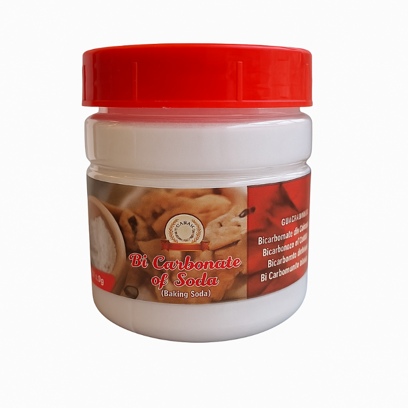 Jar of baking soda with a red lid on a white background