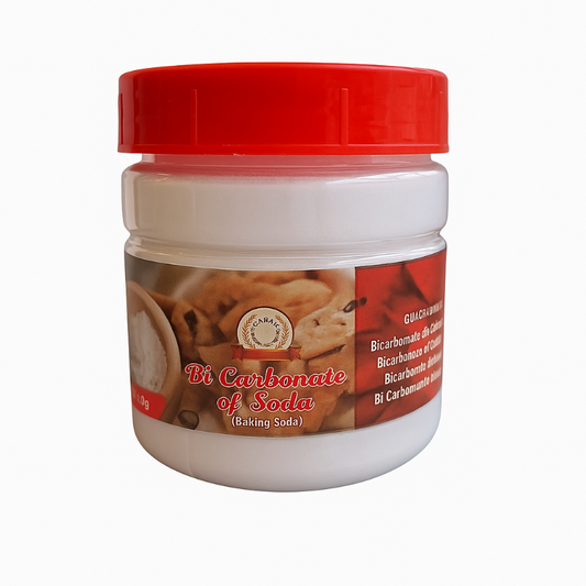 Jar of baking soda with a red lid on a white background