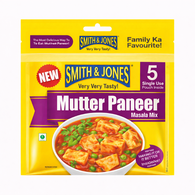 Smith & Jones Mutter Paneer Masala Mix packaging with a bowl of paneer dish on a yellow background