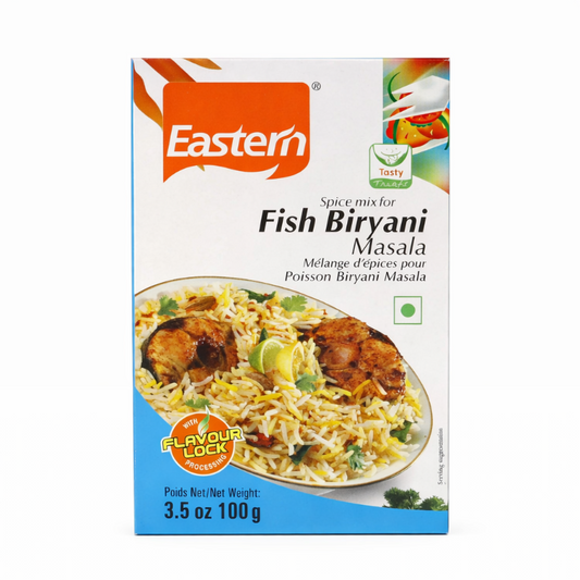 Box of Eastern Spice Mix for Fish Biryani Masala on a white background