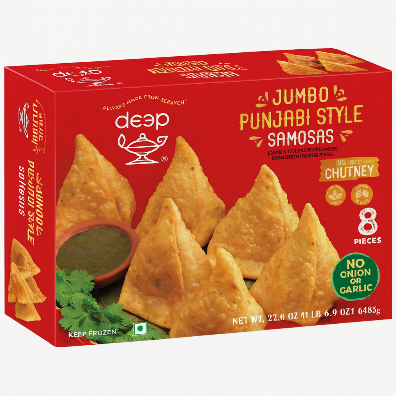 Deep Jumbo punjabi samosas red package in white background