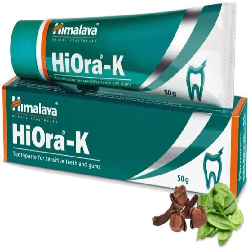 Himalaya HiOra-K toothpaste packaging with natural ingredients on a white background