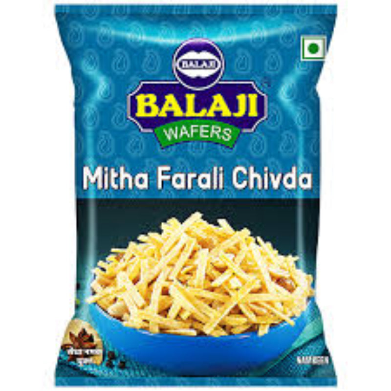 Balaji Mitha Farali Chivda packaging with blue background