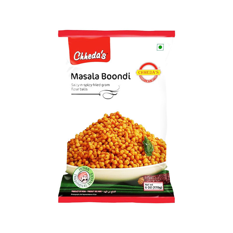 Packaging of Chheda's Masala Boondi, showing the product name and the boondi beads, with a spoon and a bowl of the snack displayed on the front.