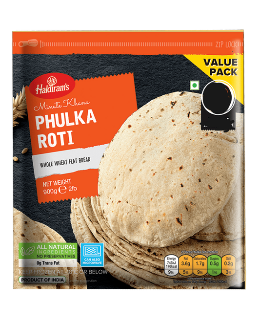 Haldiram's Phulka Roti packaging with a stack of rotis on a green background