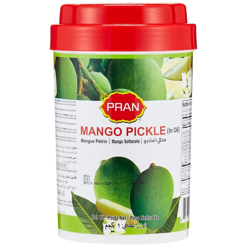 Pran Mango Pickle container with a red lid on a white background