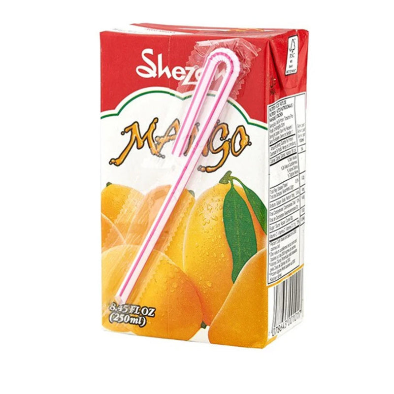 Sheze Mango juice box with a pink straw on a white background